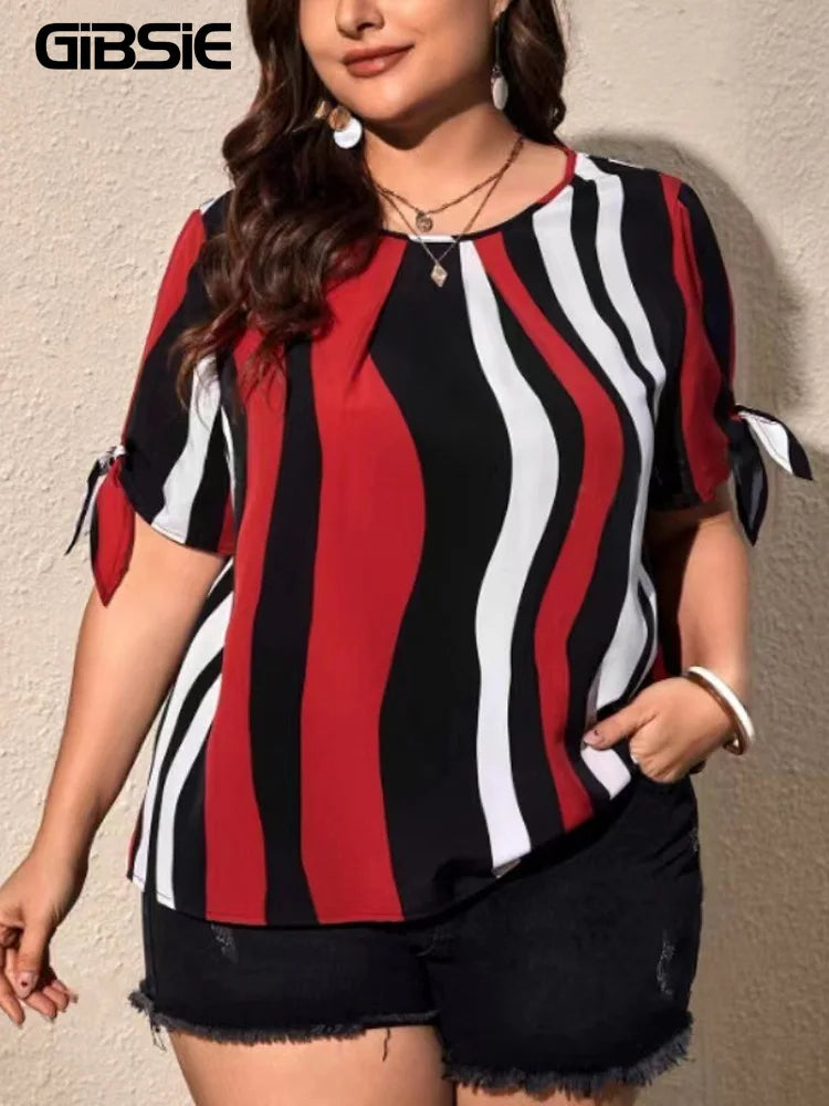 GIBSIE Plus Size Striped Short Sleeve Slit Tie O-Neck Women Blouses Fashion 2024 Summer Korean Female Casual Loose Tops Clothing