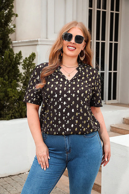 GIBSIE Plus Size Gold Print V-Neck Blouse For Women Fashion 2023 New Summer Short Sleeve Sweet Casual Streetwear Tops Blouses