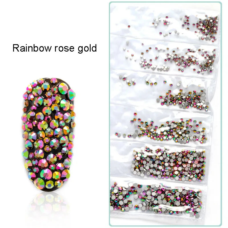 1728 Pcs/bag SS4-SS12 6-Sizes Mixed Round Nail Drill Adhesive Flat-bottomed Crystal Glass Mobile Phone Case Iron Diamond Mater