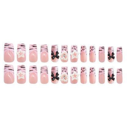 24Pcs French False Nails Pink Zebra Pattern Press on Nails Medium Square Coffin False Nails Y2k Artificial Full Cover Nail Tips