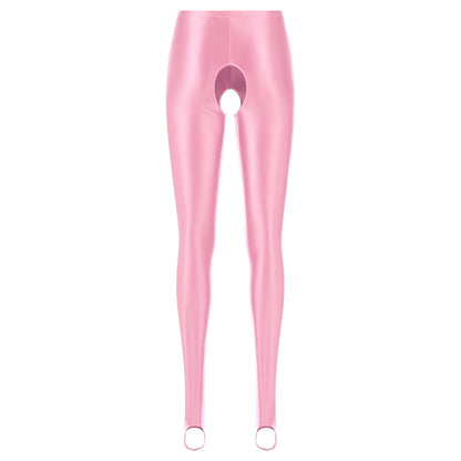 Womens Lingerie Glossy Open Crotch Stirrup Tights Leggings Stretchy Smooth Mid Waist Elastic Waistband Compression Skinny Pants