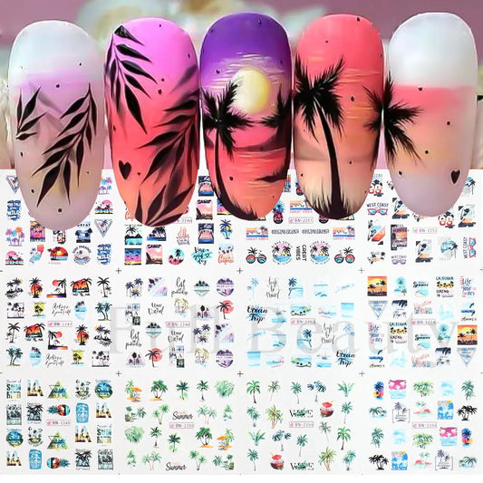 Palm Coconut Tree Summer Theme Nail Water Stickers Leaf Sea Sunset Tropical Style Water Transfer Decals Holiday Manicure Tattoos