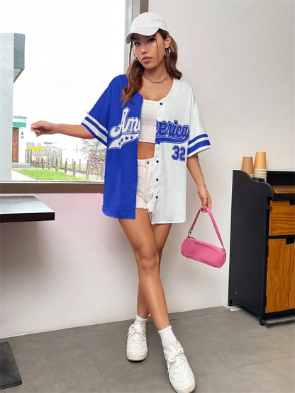 America Number 32 Baseball Tshirt Women Fashion Trend Button Streetwear Sport Top Oversized Casual Training Tee Baseball Jersey