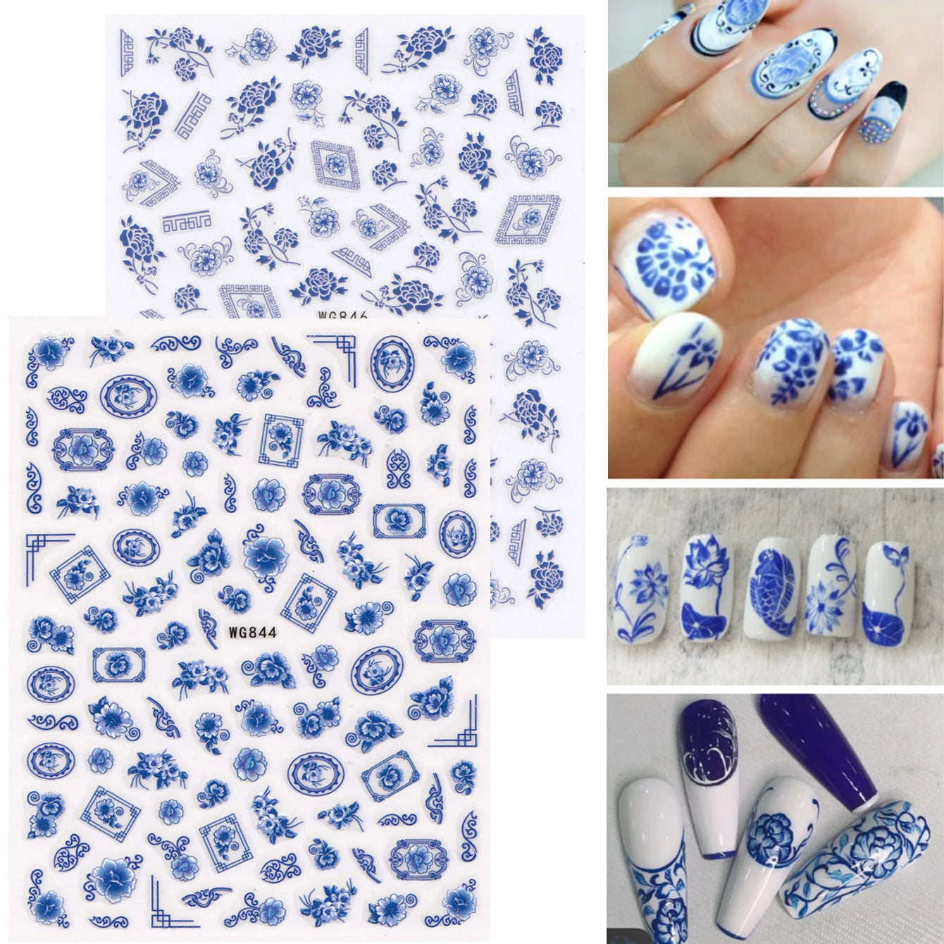 Retro Blue and White Porcelain Design 3D Nail Stickers, Self-Adhesive Slider Decals, Manicure Tips, DIY Accessories, 1Pc