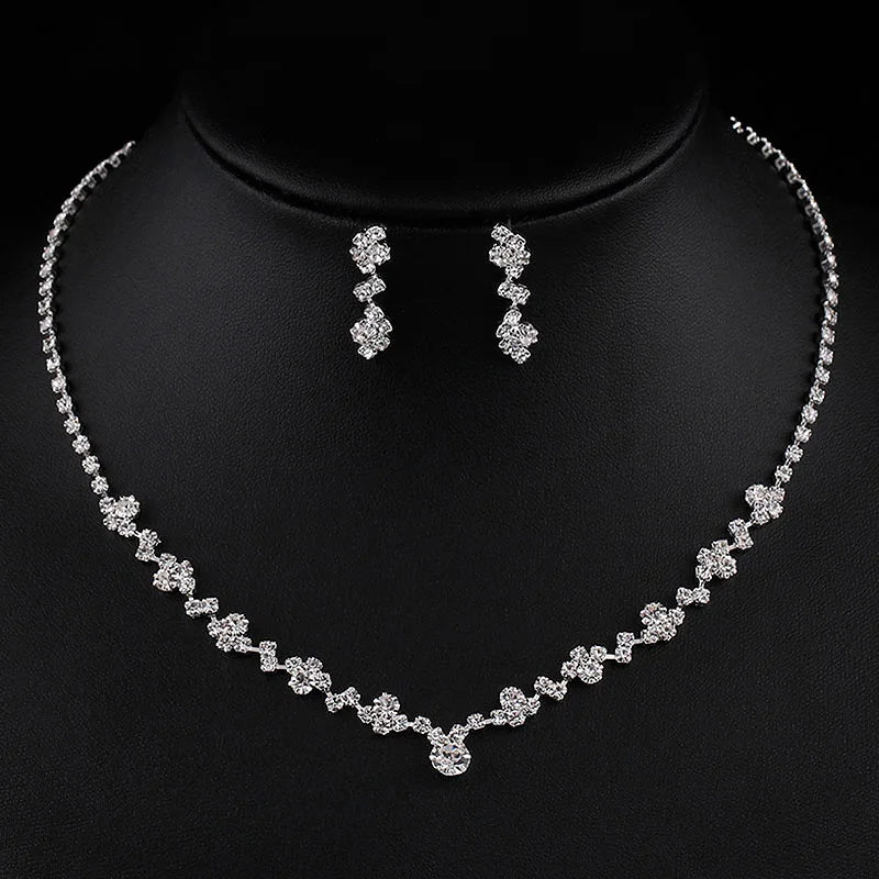 Luxury Crystal Bride Jewelry Set Rhinestone Wedding Dress Banquet Zircon Chain Necklace Dangle Earring Sets Ladies Accessories