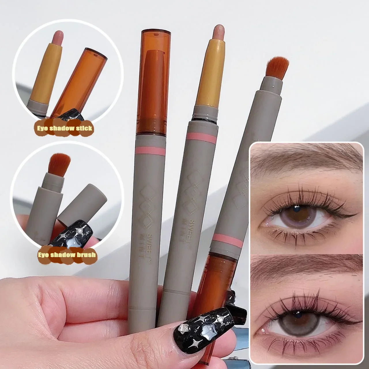 With Eye Shadow Brush Cream Matte Shimmer Eyeshadow Stick Double-head Glitter Highlighter Stick Sparkling Silkworm Eyeliner Pen