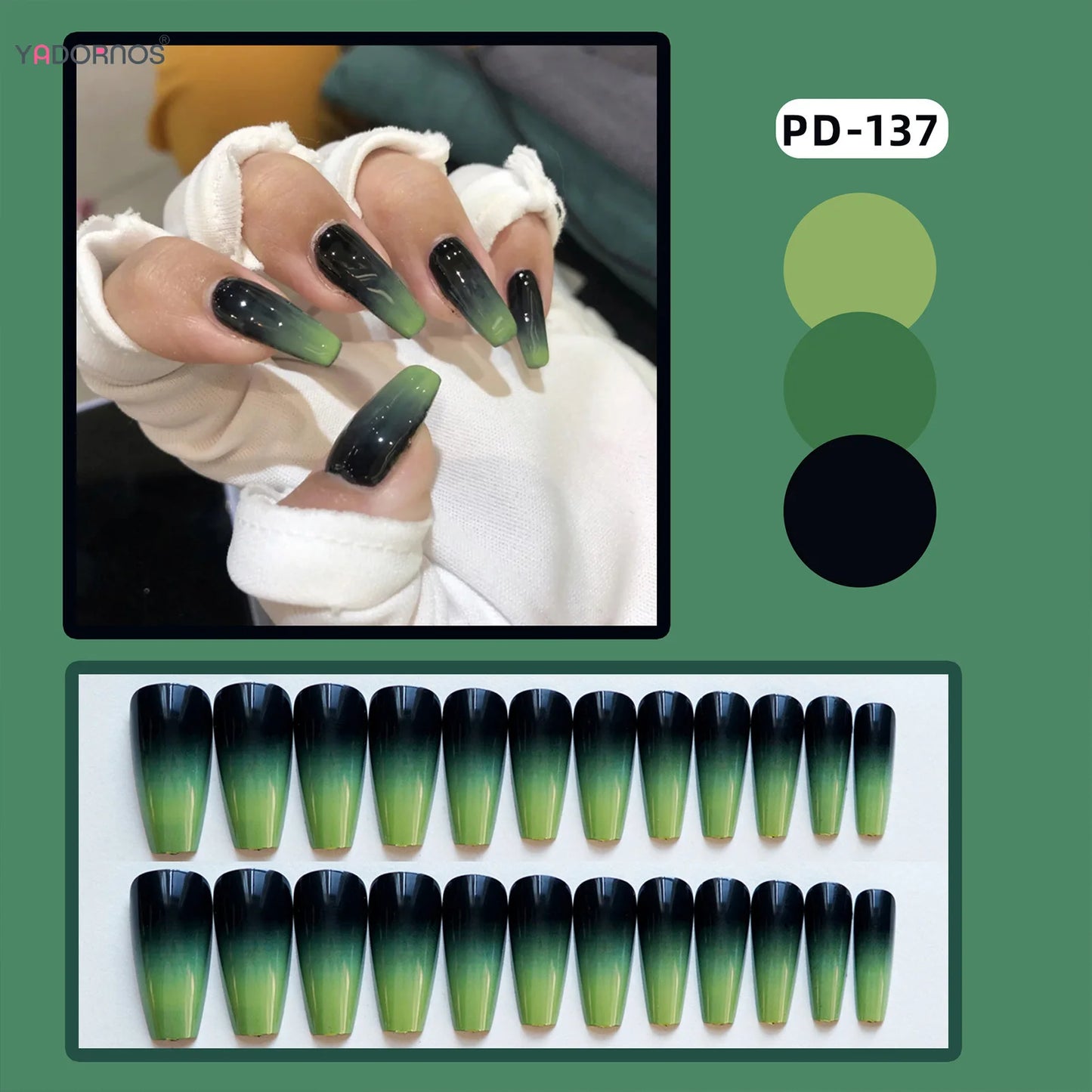 Black Green Long Coffin False Nails Gradient Color Press on Nails Full Cover Ballet Fake Nails Tips for Women Girls DIY Manicure