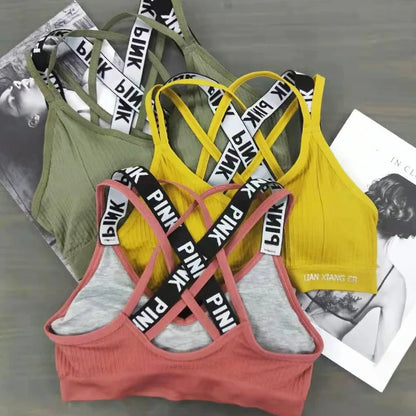 Women Sweat Shockproof Sport Bra Letter Corss Sports Bra Padded Yoga Bra Tops Gym Running Fitness Women Push Up Bra PINK