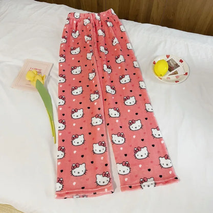 Kawaii Hello Kitty Pajamas Black Anime Flannel Women Warm Woolen Whitecartoon Casual Home Pants Autumn Fashion Trousers Gifts