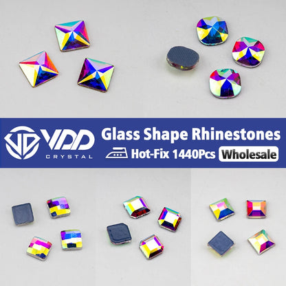 VDD Wholesale 1440Pcs Square Glass Rhinestones Crystal AB Flatback Hot-Fix Strass Shape 3D Stones For Nail Art DIY Decorations