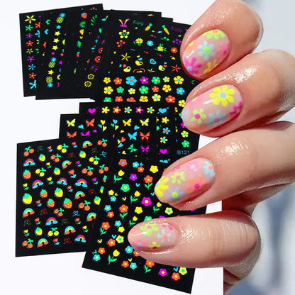 24Sheets Neon Daisy Flowers Nail Art Stickers 3D Fluorescent Floral Design Nail Charms Foils Butterfly Heart Bow DIY Decal Decor