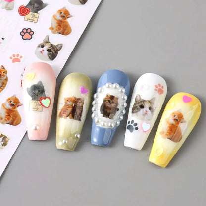 Lovely Cat 3D Nail Decals Cartoon Cute Pink Cat Claw Kitten Self Adhesive Slider Nail Art Sticker Kawaii Animals Manicure Decor