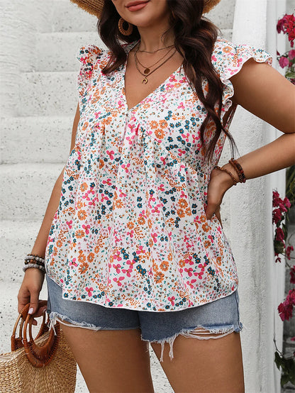 GIBSIE Plus Size Floral Print Ruffle Sleeve Blouse Women Summer Boho Fashion Tops V Neck Loose Casual Holiday Blouses 2024 New