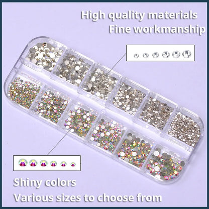 12 Grids Multi Sizes Nail Rhinestones Set Crystal AB Clear Gems with Crystal Pen Clips for DIY Nail Art Decorations