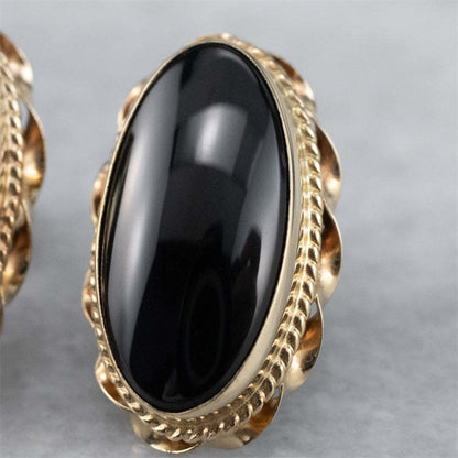 Elegant Oval Inlaid with Black Stones Stud Earrings for Women Fashion Gold Color Metal Carving Patterned Earrings