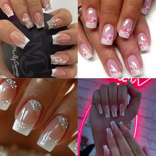 24Pcs Short Square French False Nails with Flower Shiny White Edge Design Pink Glitter Fake Nails Full Cover Press on Nails Tips