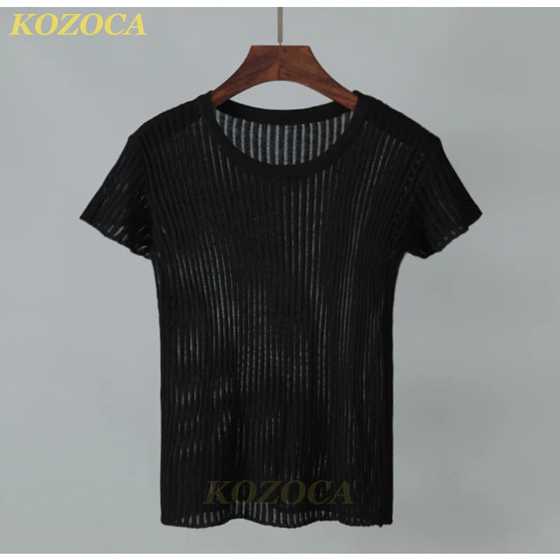 Kozoca 100% Wool Chic White Elegant Striped See Through Women Tops Outfits Short Sleeve T-Shirts Tees Skinny Club Party Clothes