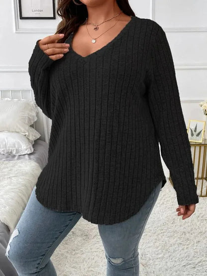 GIBSIE Plus Size Women's Casual V-Neck Long Sleeve Tees Shirt 2024 Spring Autumn Fashion Loose Ribbed Knit Tops for Women