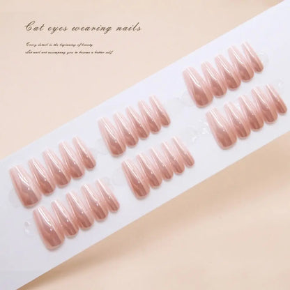 24Pcs New Style Press On Nails Long Square False Nails French Shining Cat Eye Fake Nails Full Cover Detachable Nail Tips