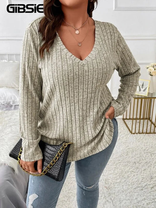 GIBSIE Plus Size Women's Casual V-Neck Long Sleeve Tees Shirt 2024 Spring Autumn Fashion Loose Ribbed Knit Tops for Women