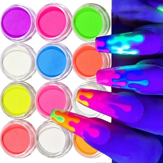 12Jars Fluorescent Neon Luminous Nail Pigment Epoxy Resin Dye Dust for Acrylic Tips Glow in The Dark Halloween Party Nail Powder