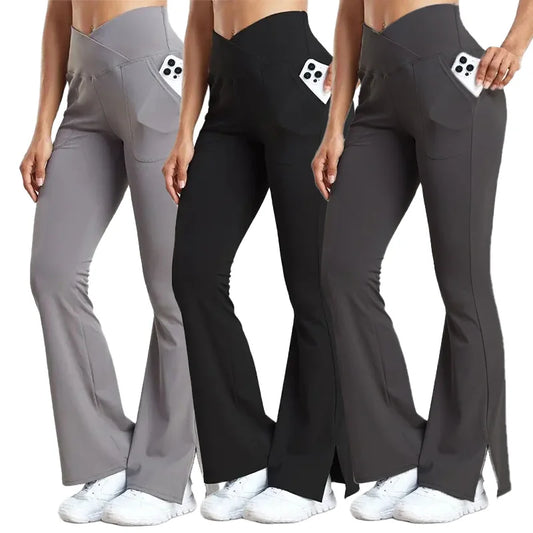 CHRLEISURE Yoga Flare Pants with Pockets Women Crossover Waist Sports Legging Butt Lift Workout Tights Split Hem Leggings