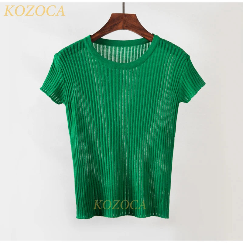 Kozoca 100% Wool Chic White Elegant Striped See Through Women Tops Outfits Short Sleeve T-Shirts Tees Skinny Club Party Clothes