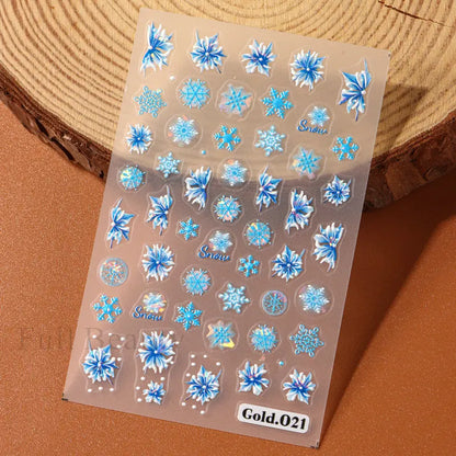 5D Blue Snowflakes Stickers for Nails Aurora Christmas Flowers Leaf Sliders New Year Adhesive Decals Xmas Manicure Decor Tips