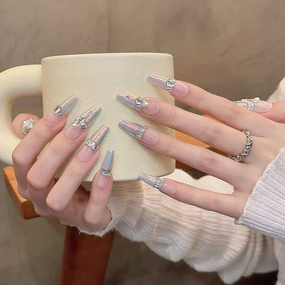 Handmade Press On Nails With Diamond Decor Flash Aurora French Tip Long Ballerina Fake Nails Luxury Wedding False Nails For Girl