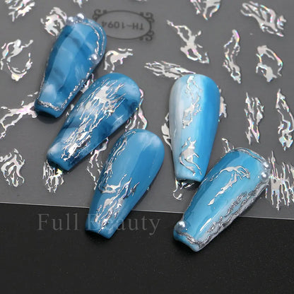 3D Holographic Silver Wave Lines Nail Sticker Decor Laser Heart Star Moon Adhesive Sliders Metal Geometry Stripe Manicure TH182