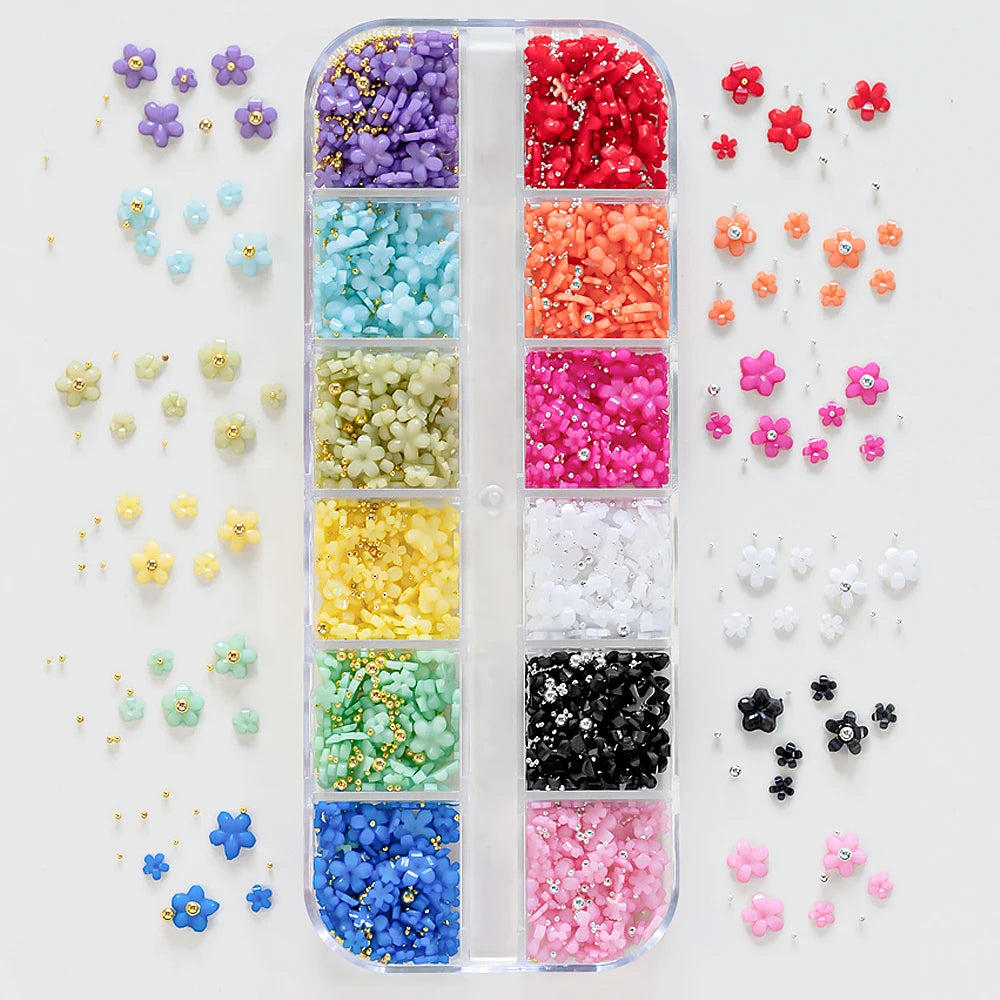 12/15Grids Acrylic Flower Nail Charms Mix Colors Set 3D Flower Nail Art Rhinestones Mixed Blossom Spring Gems DIY Nail Supplies