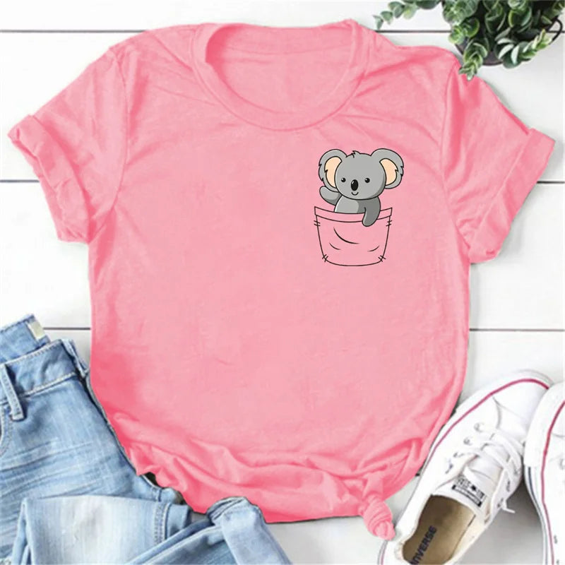 Funny Koala Print T-shrits for Women Summer Tshirts Short Sleeve Cute Kawaii Tees Loose Women's T-shirt Tops Thirt Shirt Femme