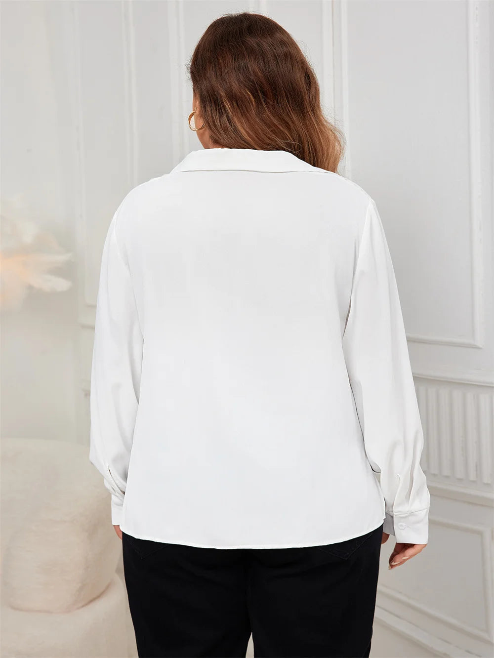 GIBSIE Plus Size Autumn Women Shirts Button Up Turn-down Collar Long-sleeved Tops New Office Ladies White Chiffon Shirts