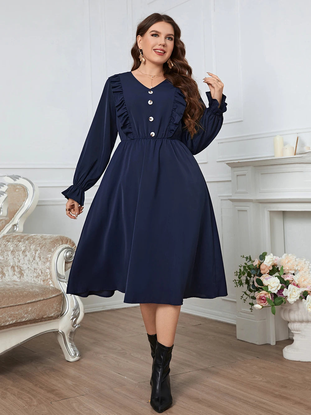 GIBSIE Plus Size Solid Button Front Frill Trim Midi Dresses Women Spring Fall Casual Long Sleeve Female Elastic A-Line Dress