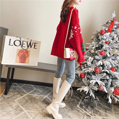 2024 Autumn/Winter New Korean Thickened Color blocked Christmas Sweater Women Hoodie Snowflake Loose Round Neck Lazy Style Tops