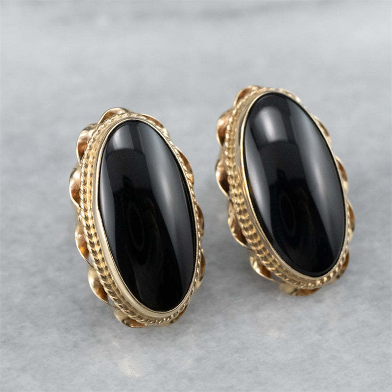 Elegant Oval Inlaid with Black Stones Stud Earrings for Women Fashion Gold Color Metal Carving Patterned Earrings