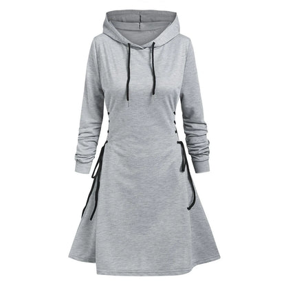 Women Tie Waist Mini Dress Hoodies V Neck Long Sleeves Slim Fit Hoodies Sweatshirts Ladies Fashion Long Solid Drawstring Hoodies