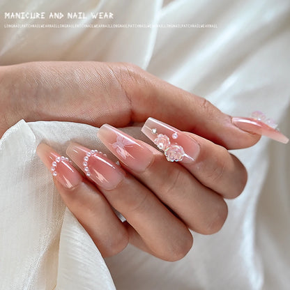 24Pcs/Lot Wearable False Nails With Rhinestone Charms Long Ballerina Pink Press On Nails French Coffin Full Cover Fake Nail Tips