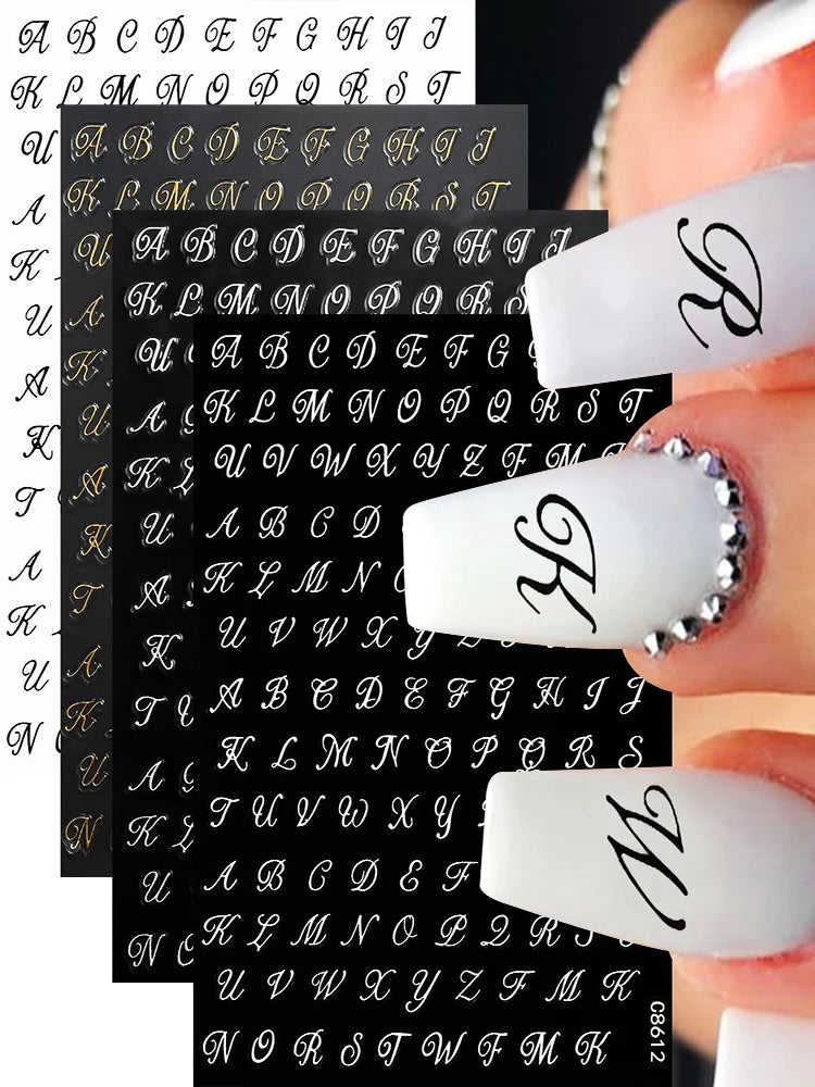 4pcs Roman Letter Nail Stickers Golden Silvery Black White Alphabet Self Adhesive Decal English Words DIY Manicure Decor Sliders