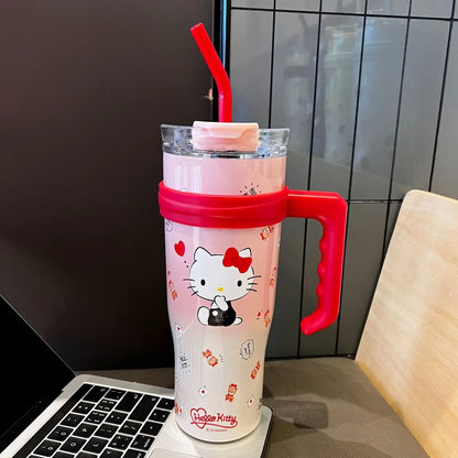 1200ml Sanrio Thermos Bottle Cute Hello Kitty Kuromi Cinnamoroll Melody Cartoon Large Capacity Straw Stainless Steel Bottle Gift