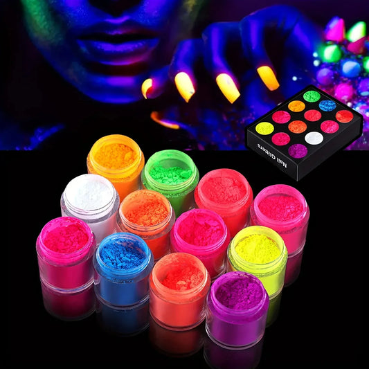 12 Colors Pigment Nail Powder Kit, Pigment Nail Super Bright Neon Powder Barbie Fluorescent Acrylic Powder Set, With Clear Box