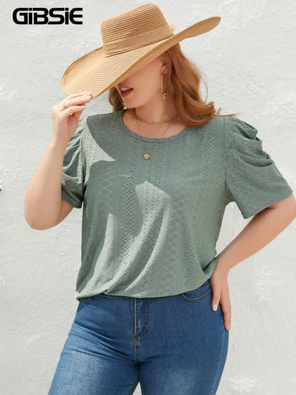 GIBSIE Plus Size Solid O-Neck Leg of Mutton Sleeve Blouse Women Fashion 2023 New Summer Office Casual Women's Blouses Tops