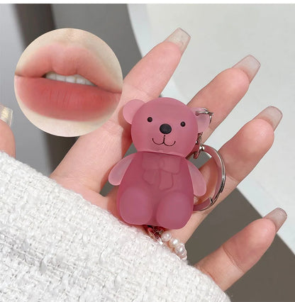 Cute Bear Keychain Lip Mud Matte Velvet Mousse Grey Pink Lipstick Waterproof Long Lasting Non-Stick Cup LipGloss Korean Cosmetic