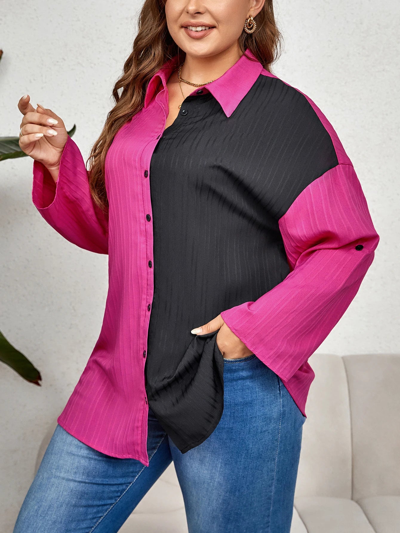 GIBSIE Plus Size Drop Shoulder Roll up Long Sleeve Shirt Women 2023 Spring Fall Colorblock Loose Casual Button Down Blouses Tops