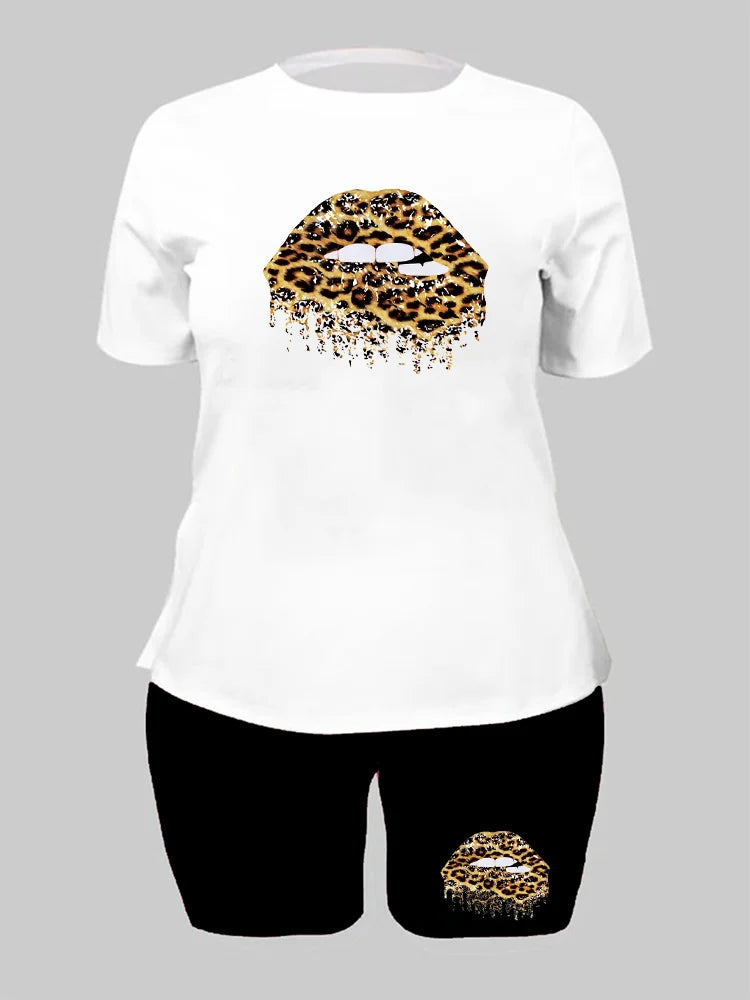 Leopard Lip Print Two-piece Set, Casual Short Sleeve T-shirt & Biker Shorts Outfits, Women's Clothing