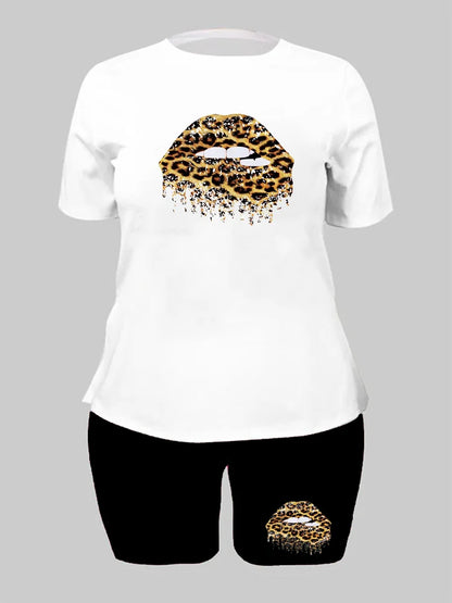 Leopard Lip Print Two-piece Set, Casual Short Sleeve T-shirt & Biker Shorts Outfits, Women's Clothing