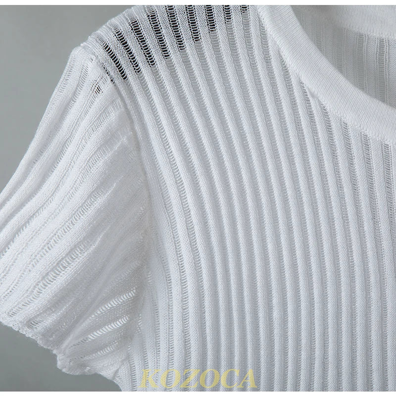 Kozoca 100% Wool Chic White Elegant Striped See Through Women Tops Outfits Short Sleeve T-Shirts Tees Skinny Club Party Clothes