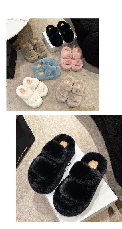 Woman Furry Ladies Fur Luxury Fluffy Plush Slipper House Soft Fuzzy Platform Indoor Casual Winter Home Warm High Heels Female