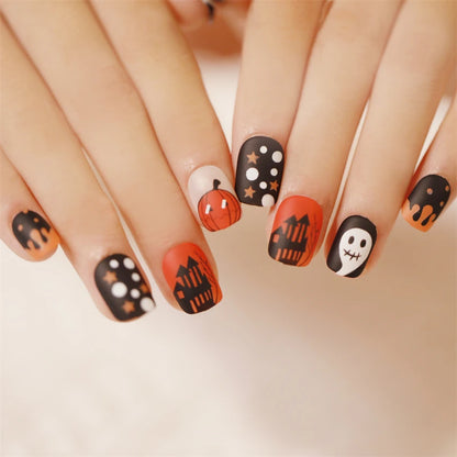 24pcs Artificial Acrylic Nail Art Fake Nails Full Coverage Removable Press on Nails Halloween Pumpkin Skull Moon False Nail Tip