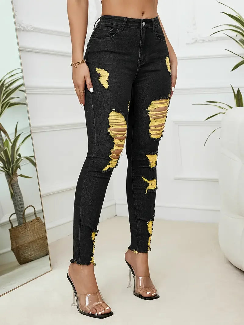 2024 Summer New Women's Ripped Jeans Fashionable High Stretch Skinny Denim Pencil Pants Slim Comfortable Knit Jeans S-2XL